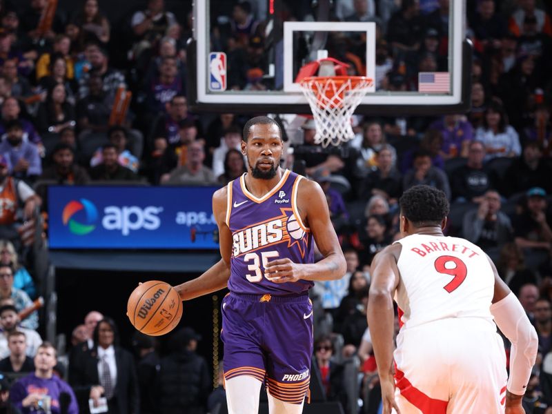 PHOENIX, AZ - MARCH 7: Kevin Durant #35 of the Phoenix Suns dribbles the ball during the game against the Toronto Raptors on March 7, 2024 at Footprint Center in Phoenix, Arizona. NOTE TO USER: User expressly acknowledges and agrees that, by downloading and or using this photograph, user is consenting to the terms and conditions of the Getty Images License Agreement. Mandatory Copyright Notice: Copyright 2024 NBAE (Photo by Jeff Haynes/NBAE via Getty Images)