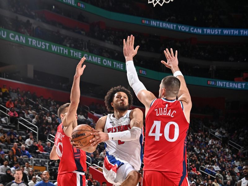 DETROIT, MI - FEBRUARY 24: Cade Cunningham #2 of the Detroit Pistons drives to the basket during the game against the LA Clippers on February 24, 2025 at Little Caesars Arena in Detroit, Michigan. NOTE TO USER: User expressly acknowledges and agrees that, by downloading and/or using this photograph, User is consenting to the terms and conditions of the Getty Images License Agreement. Mandatory Copyright Notice: Copyright 2025 NBAE (Photo by Chris Schwegler/NBAE via Getty Images)