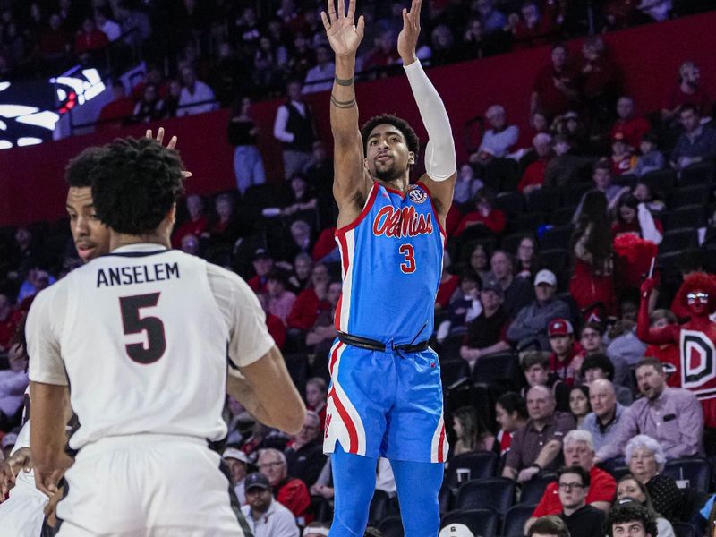 Feb 7, 2023; Athens, Georgia, USA; Mississippi Rebels forward Myles Burns (3) shoots against the Georgia Bulldogs during the first half at Stegeman Coliseum. Mandatory Credit: Dale Zanine-USA TODAY Sports