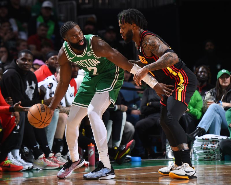 BOSTON, MA - FEBRUARY 7: Jaylen Brown #7 of the Boston Celtics dribbles the ball during the game against the Atlanta Hawks on February 7, 2024 at the TD Garden in Boston, Massachusetts. NOTE TO USER: User expressly acknowledges and agrees that, by downloading and or using this photograph, User is consenting to the terms and conditions of the Getty Images License Agreement. Mandatory Copyright Notice: Copyright 2024 NBAE  (Photo by Brian Babineau/NBAE via Getty Images)