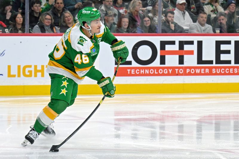 Mar 14, 2026; Saint Paul, Minnesota, USA;  Minnesota Wild defensemen Jared Spurgeon (46) playing in his 1,000th career NHL game makes a pass against the New York Rangers during the third period at Grand Casino Arena. Mandatory Credit: Nick Wosika-Imagn Images
