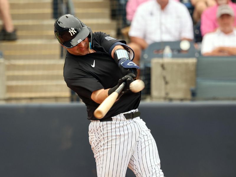 Mar 6, 2024; Tampa, Florida, USA;  New York Yankees catcher Luis Torrens (29 hit a double during the fifth inning against the Tampa Bay Rays at George M. Steinbrenner Field. Mandatory Credit: Kim Klement Neitzel-USA TODAY Sports