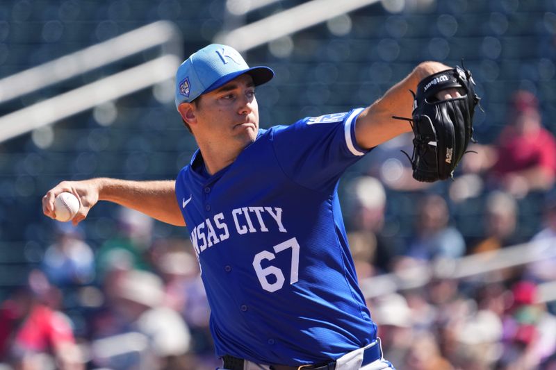 Mar 2, 2024; Goodyear, Arizona, USA; Kansas City Royals starting pitcher Seth Lugo (67) pitches against the Cleveland Guardians during the first inning at Goodyear Ballpark. Mandatory Credit: Joe Camporeale-USA TODAY Sports