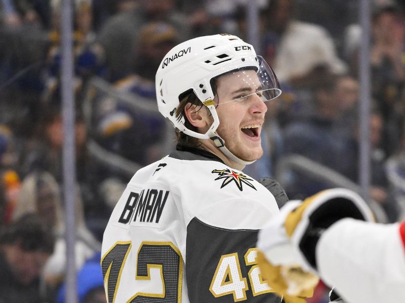 Nov 15, 2025; St. Louis, Missouri, USA; Vegas Golden Knights right wing Braeden Bowman (42) reacts after scoring against the St. Louis Blues during the first period at Enterprise Center. Mandatory Credit: Jeff Curry-Imagn Images