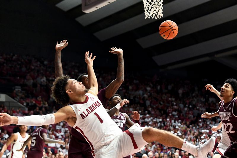 Feb 3, 2024; Tuscaloosa, Alabama, USA;  Alabama guard Mark Sears (1) attempts a shot in the lane with Mississippi State forward Jimmy Bell Jr. (15) defending at Coleman Coliseum. Mandatory Credit: Gary Cosby Jr.-USA TODAY Sports