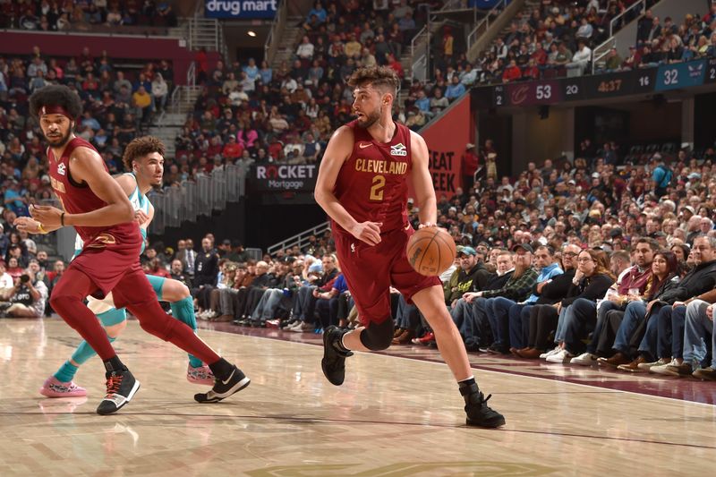 CLEVELAND, OH - JANUARY 5: Ty Jerome #2 of the Cleveland Cavaliers handles the ball during the game against the Charlotte Hornets on January 5, 2025 at Rocket Mortgage FieldHouse in Cleveland, Ohio. NOTE TO USER: User expressly acknowledges and agrees that, by downloading and/or using this Photograph, user is consenting to the terms and conditions of the Getty Images License Agreement. Mandatory Copyright Notice: Copyright 2025 NBAE (Photo by David Liam Kyle/NBAE via Getty Images)