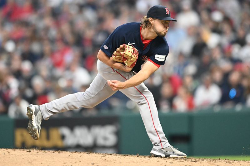 Jun 7, 2023; Cleveland, Ohio, USA; Boston Red Sox starting pitcher Chris Murphy (72) throws a pitch during the fifth inning against the Cleveland Guardians at Progressive Field. Mandatory Credit: Ken Blaze-USA TODAY Sports