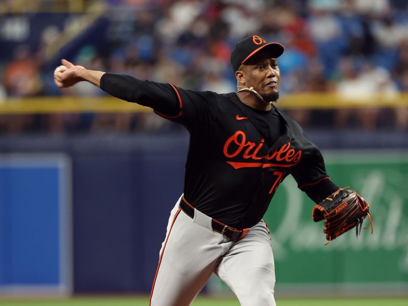 Jun 7, 2024; St. Petersburg, Florida, USA; Baltimore Orioles pitcher Yennier Cano (78) throws a pitch against the Tampa Bay Rays during the eighth inning at Tropicana Field. Mandatory Credit: Kim Klement Neitzel-USA TODAY Sports