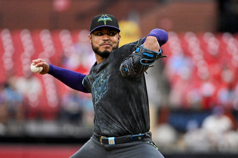 Aug 7, 2024; St. Louis, Missouri, USA;  Tampa Bay Rays starting pitcher Taj Bradley (45) pitches against the St. Louis Cardinals during the first inning at Busch Stadium. Mandatory Credit: Jeff Curry-USA TODAY Sports