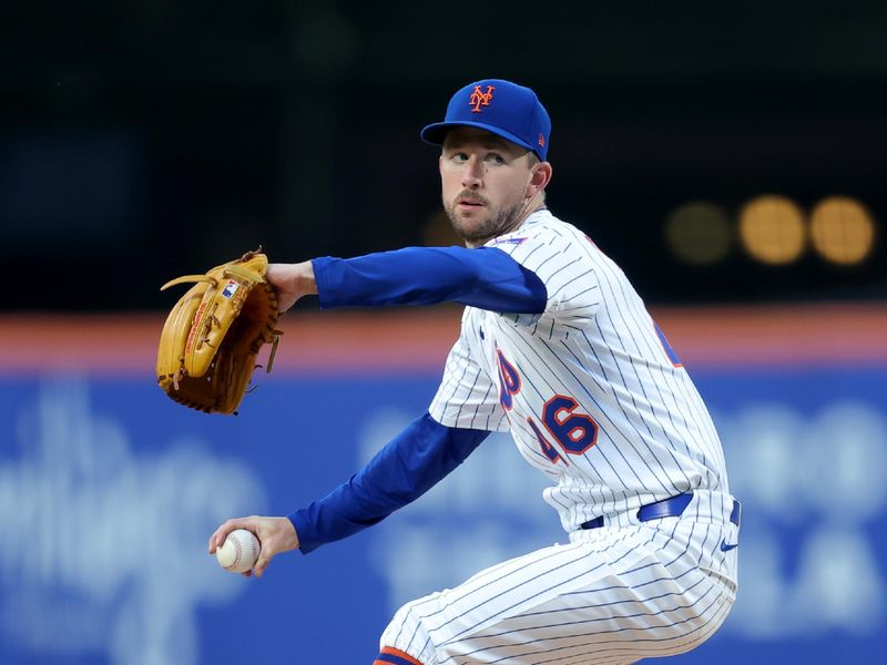 Jun 10, 2025; New York City, New York, USA; New York Mets starting pitcher Griffin Canning (46) pitches against the Washington Nationals during the third inning at Citi Field. Mandatory Credit: Brad Penner-Imagn Images