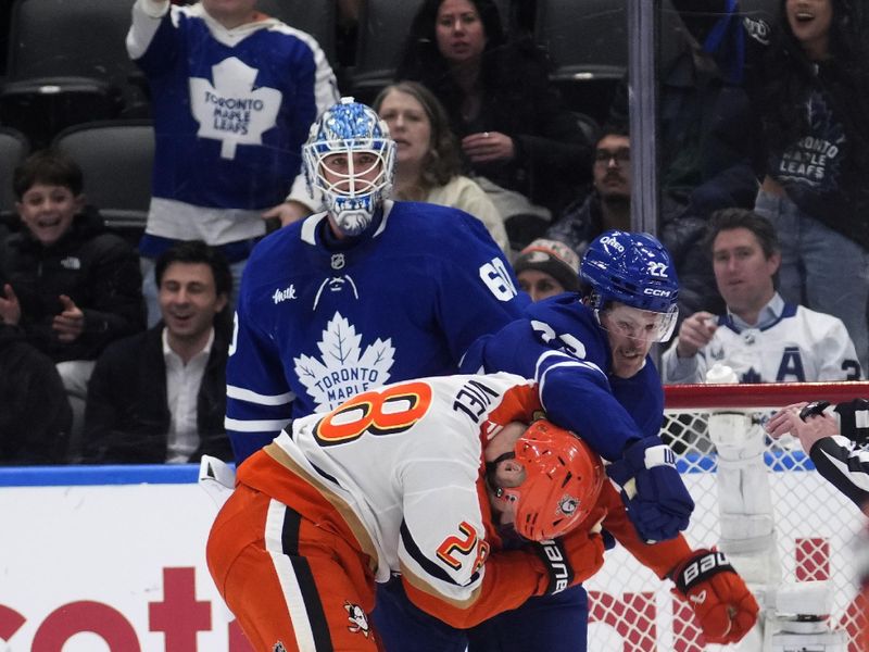 Mar 12, 2026; Toronto, Ontario, CAN; Toronto Maple Leafs defenseman Jake McCabe (22) throws a punch at Anaheim Ducks forward Jeffrey Viel (28) at the end of the third period at Scotiabank Arena. Mandatory Credit: John E. Sokolowski-Imagn Images Mar 12, 2026; Toronto, Ontario, CAN; Toronto Maple Leafs defenseman Jake McCabe (22) throws a punch at Anaheim Ducks forward Jeffrey Viel (28) at the end of the third period at Scotiabank Arena. Mandatory Credit: John E. Sokolowski-Imagn Images