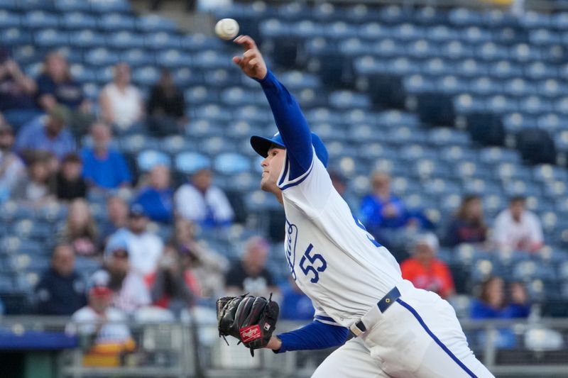 Apr 9, 2024; Kansas City, Missouri, USA; Kansas City Royals starting pitcher Cole Ragans (55) delivers a pitch against the Houston Astros in the first inning at Kauffman Stadium. Mandatory Credit: Denny Medley-USA TODAY Sports