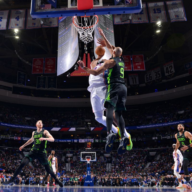 PHILADELPHIA, PA - FEBRUARY 2: Guerschon Yabusele #28 of the Philadelphia 76ers dunks the ball during the game against the Boston Celtics on February 2, 2025 at the Wells Fargo Center in Philadelphia, Pennsylvania NOTE TO USER: User expressly acknowledges and agrees that, by downloading and/or using this Photograph, user is consenting to the terms and conditions of the Getty Images License Agreement. Mandatory Copyright Notice: Copyright 2025 NBAE(Photo by Jesse D. Garrabrant/NBAE via Getty Images)