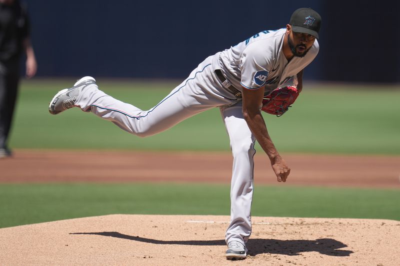 Aug 23, 2023; San Diego, California, USA;  Miami Marlins starting pitcher Sandy Alcantara (22) throws a pitch against to the San Diego Padres during the first inning at Petco Park. Mandatory Credit: Ray Acevedo-USA TODAY Sports