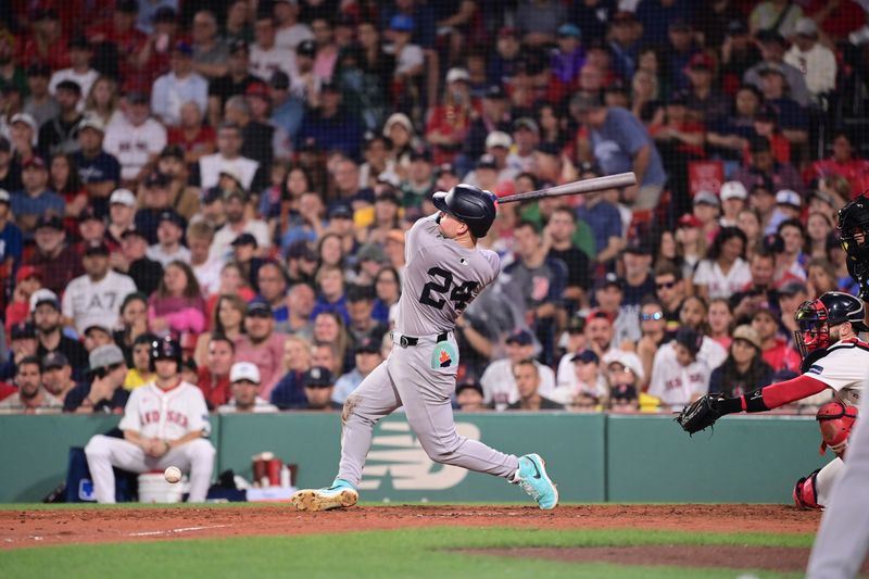 Jul 28, 2024; Boston, Massachusetts, USA; New York Yankees right fielder Alex Verdugo (24) hits a foul ball into himself during the eighth inning against the Boston Red Sox at Fenway Park. Mandatory Credit: Eric Canha-USA TODAY Sports