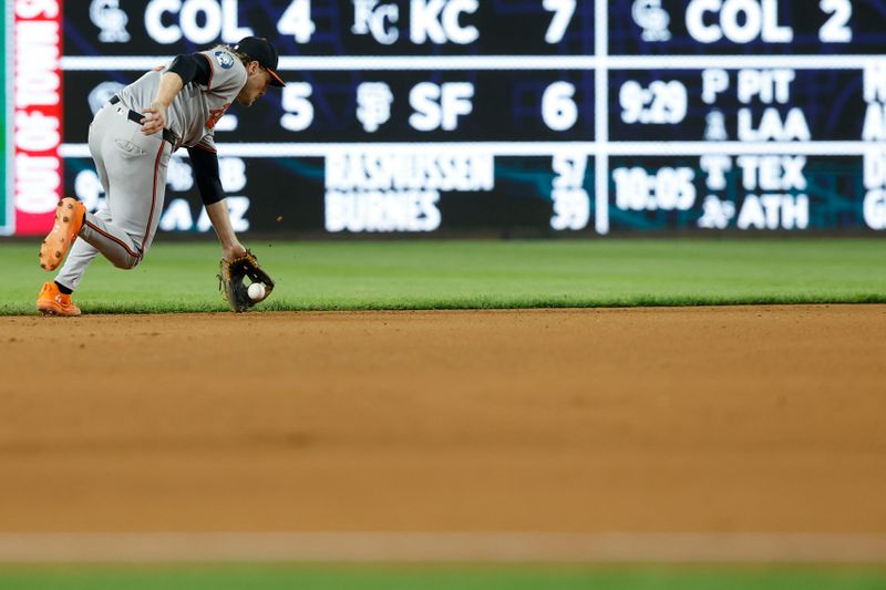 Apr 24, 2025; Washington, District of Columbia, USA; Baltimore Orioles shortstop Gunnar Henderson (2) commits an error on a ground ball by Washington Nationals first base Josh Bell (not pictured) during the seventh inning at Nationals Park. Mandatory Credit: Geoff Burke-Imagn Images