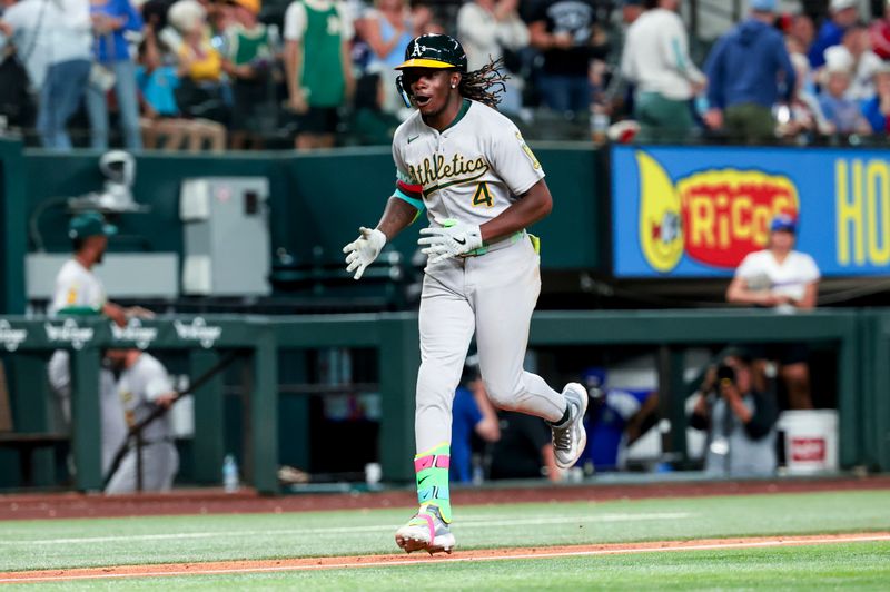 Apr 30, 2025; Arlington, Texas, USA;  Oakland Athletics right fielder Lawrence Butler (4) reacts after hitting a grand slam during the ninth inning against the Texas Rangers at Globe Life Field. Mandatory Credit: Kevin Jairaj-Imagn Images
