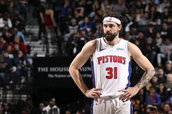 BROOKLYN, NY - DECEMBER 23: Joe Harris #31 of the Detroit Pistons  looks on during the game against the Brooklyn Nets on December 23, 2023 at Barclays Center in Brooklyn, New York. NOTE TO USER: User expressly acknowledges and agrees that, by downloading and or using this Photograph, user is consenting to the terms and conditions of the Getty Images License Agreement. Mandatory Copyright Notice: Copyright 2023 NBAE (Photo by David Dow/NBAE via Getty Images)