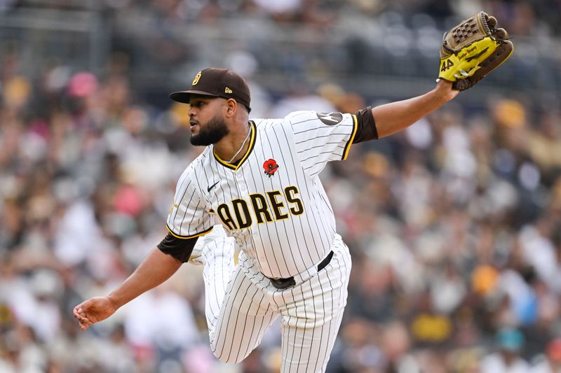 May 26, 2025; San Diego, California, USA;  San Diego Padres starting pitcher Randy Vasquez (98) delivers during the first inning against the Miami Marlins at Petco Park. Mandatory Credit: Denis Poroy-Imagn Images