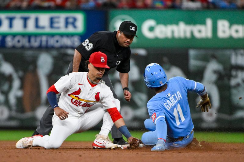 Jun 5, 2025; St. Louis, Missouri, USA;  Kansas City Royals center fielder Maikel Garcia (11) steals second against St. Louis Cardinals shortstop Masyn Winn (0) during the ninth inning at Busch Stadium. Mandatory Credit: Jeff Curry-Imagn Images