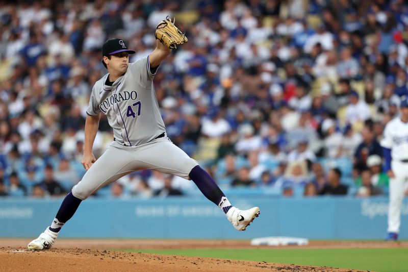 Jun 1, 2024; Los Angeles, California, USA;  Colorado Rockies starting pitcher Cal Quantrill (47) pitches during the second inning against the Los Angeles Dodgers at Dodger Stadium. Mandatory Credit: Kiyoshi Mio-USA TODAY Sports