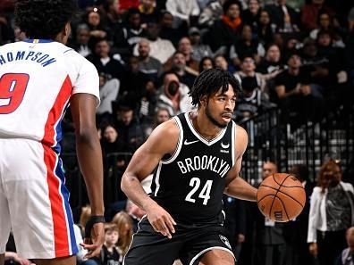 BROOKLYN, NY - DECEMBER 23: Cam Thomas #24 of the Brooklyn Nets handles the ball during the game against the Detroit Pistons on December 23, 2023 at Barclays Center in Brooklyn, New York. NOTE TO USER: User expressly acknowledges and agrees that, by downloading and or using this Photograph, user is consenting to the terms and conditions of the Getty Images License Agreement. Mandatory Copyright Notice: Copyright 2023 NBAE (Photo by David Dow/NBAE via Getty Images)