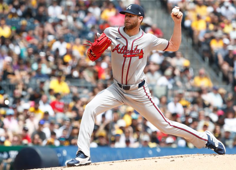 May 26, 2024; Pittsburgh, Pennsylvania, USA;  Atlanta Braves starting pitcher Chris Sale (51) delivers a pitch against the Pittsburgh Pirates during the first inning at PNC Park. Mandatory Credit: Charles LeClaire-USA TODAY Sports