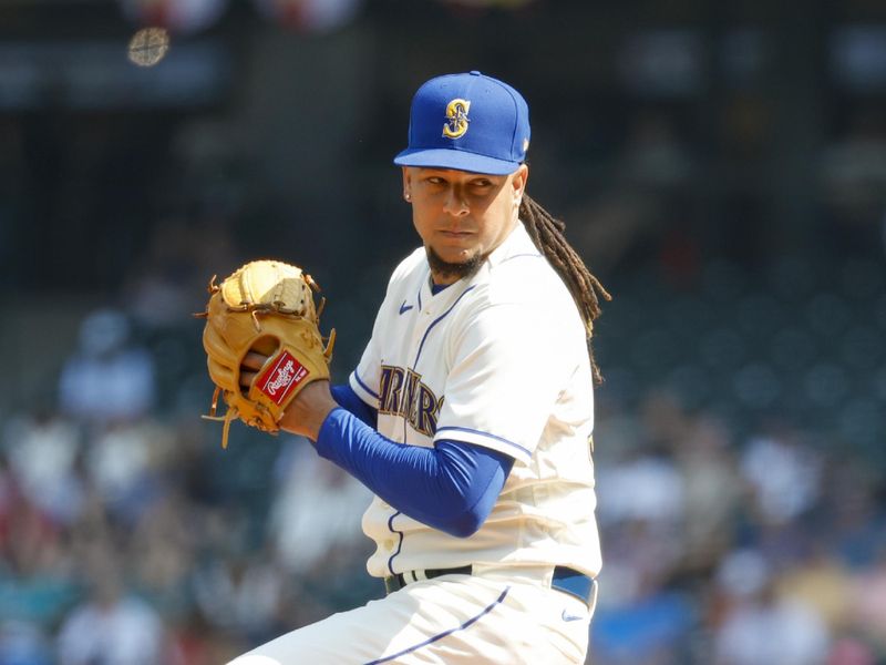 Aug 27, 2023; Seattle, Washington, USA; Seattle Mariners starting pitcher Luis Castillo (58) throws against the Kansas City Royals during the first inning at T-Mobile Park. Mandatory Credit: Joe Nicholson-USA TODAY Sports