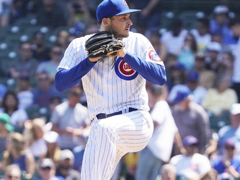 May 7, 2023; Chicago, Illinois, USA; Chicago Cubs starting pitcher Hayden Wesneski (19) throws the ball against the Miami Marlins during the first inning at Wrigley Field. Mandatory Credit: David Banks-USA TODAY Sports