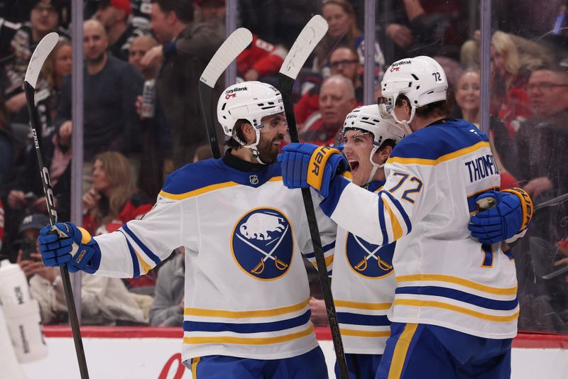 Feb 25, 2026; Newark, New Jersey, USA; Buffalo Sabres center Peyton Krebs (19) celebrates his goal against the New Jersey Devils during the third period at Prudential Center. Mandatory Credit: Ed Mulholland-Imagn Images