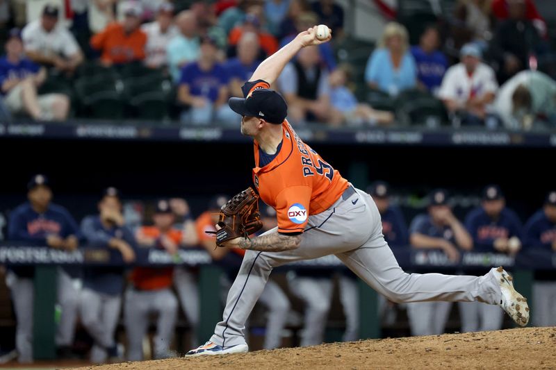 Oct 18, 2023; Arlington, Texas, USA; Houston Astros pitcher Ryan Pressly (55) throws during the ninth inning of game three of the ALCS against the Texas Rangers in the 2023 MLB playoffs at Globe Life Field. Mandatory Credit: Kevin Jairaj-USA TODAY Sports