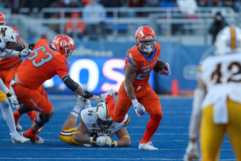 Oct 28, 2023; Boise, Idaho, USA; Boise State Broncos running back George Holani (24) during the second half against the Wyoming Cowboys at Albertsons Stadium. Mandatory Credit: Brian Losness-USA TODAY Sports

