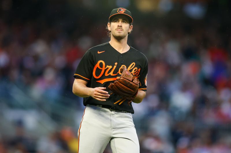 May 5, 2023; Atlanta, Georgia, USA; Baltimore Orioles starting pitcher Dean Kremer (64) in action against the Atlanta Braves in the third inning at Truist Park. Mandatory Credit: Brett Davis-USA TODAY Sports