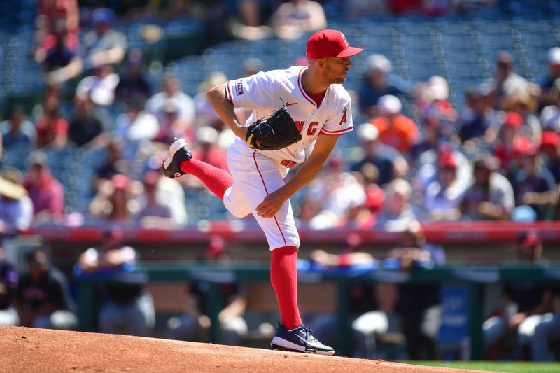 Apr 6, 2025; Anaheim, California, USA; Los Angeles Angels pitcher Tyler Anderson (31) throws against the Cleveland Guardians during the first inning at Angel Stadium. Mandatory Credit: Gary A. Vasquez-Imagn Images
