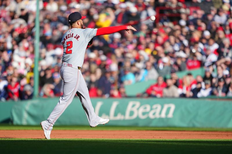 May 11, 2024; Boston, Massachusetts, USA; Washington Nationals second baseman Luis Garcia Jr. (2) throws out Boston Red Sox catcher Reese McGuire (not pictured) after fielding a ground all during the seventh inning at Fenway Park. Mandatory Credit: Gregory Fisher-USA TODAY Sports