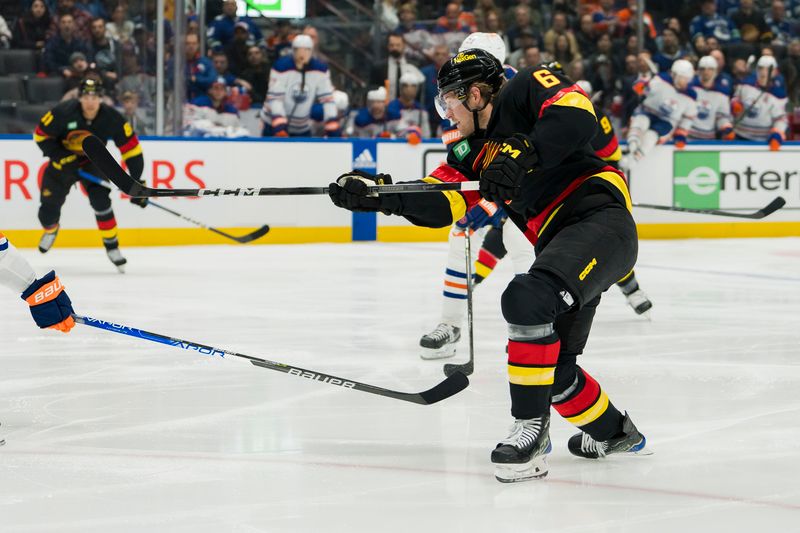 Nov 6, 2023; Vancouver, British Columbia, CAN; Vancouver Canucks forward Brock Boeser (6) shoots against the Edmonton Oilers in the first period at Rogers Arena. Mandatory Credit: Bob Frid-USA TODAY Sports