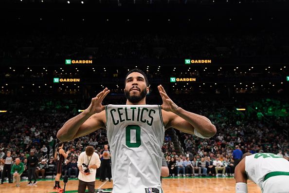 BOSTON, MA - DECEMBER 28: Jayson Tatum #0 of the Boston Celtics looks on before the game against the Detroit Pistons on December 28, 2023 at the TD Garden in Boston, Massachusetts. NOTE TO USER: User expressly acknowledges and agrees that, by downloading and or using this photograph, User is consenting to the terms and conditions of the Getty Images License Agreement. Mandatory Copyright Notice: Copyright 2023 NBAE  (Photo by Brian Babineau/NBAE via Getty Images)