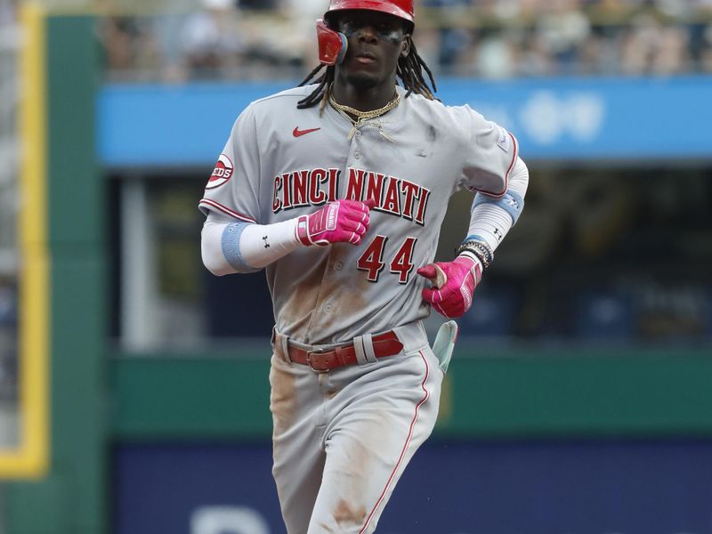 Aug 13, 2023; Pittsburgh, PA, USA; Cincinnati Reds shortstop Elly De La Cruz (44) circles the bases on a solo home run against the Pittsburgh Pirates during the third inning at PNC Park. Mandatory Credit: Charles LeClaire-USA TODAY Sports