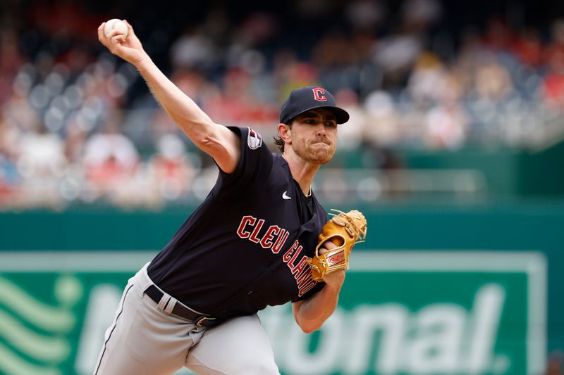 Apr 16, 2023; Washington, District of Columbia, USA; Cleveland Guardians starting pitcher Shane Bieber (57) pitches against the Washington Nationals during the first inning at Nationals Park. Mandatory Credit: Geoff Burke-USA TODAY Sports