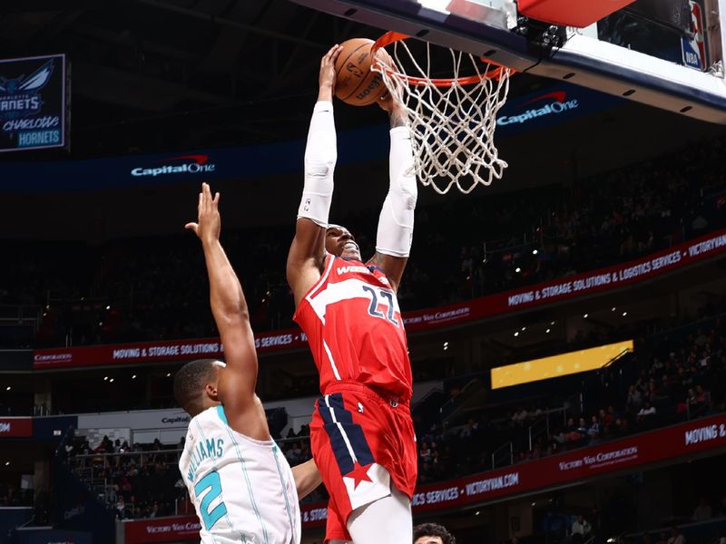 WASHINGTON, DC -? MARCH 8: Richaun Holmes #22 of the Washington Wizards dunks the ball during the game against the Charlotte Hornets on March 8, 2024 at Capital One Arena in Washington, DC. NOTE TO USER: User expressly acknowledges and agrees that, by downloading and or using this Photograph, user is consenting to the terms and conditions of the Getty Images License Agreement. Mandatory Copyright Notice: Copyright 2024 NBAE (Photo by Kenny Giarla/NBAE via Getty Images)