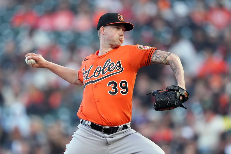 Jun 3, 2023; San Francisco, California, USA;  Baltimore Orioles starting pitcher Kyle Bradish (39) throws a pitch against the San Francisco Giants during the first inning at Oracle Park. Mandatory Credit: Darren Yamashita-USA TODAY Sports