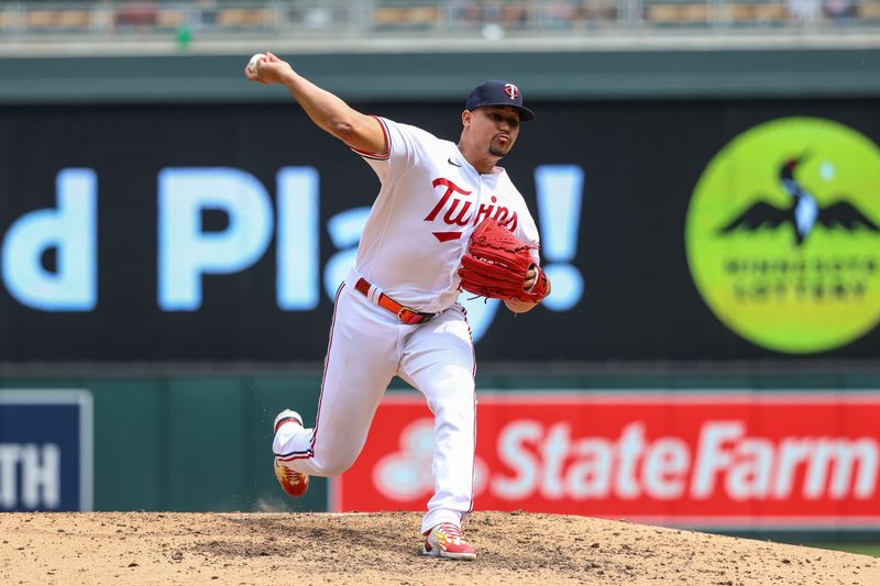 May 24, 2023; Minneapolis, Minnesota, USA; Minnesota Twins relief pitcher Jhoan Duran (59) delivers a pitch during the ninth inning against the San Francisco Giants at Target Field. Mandatory Credit: Matt Krohn-USA TODAY Sports