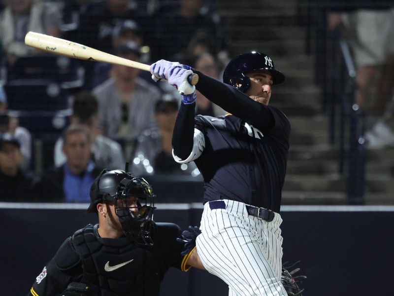 Mar 3, 2025; Tampa, Florida, USA;  New York Yankees outfielder Cody Bellinger (35) singles during the third inning  against the Pittsburgh Pirates at George M. Steinbrenner Field. Mandatory Credit: Kim Klement Neitzel-Imagn Images