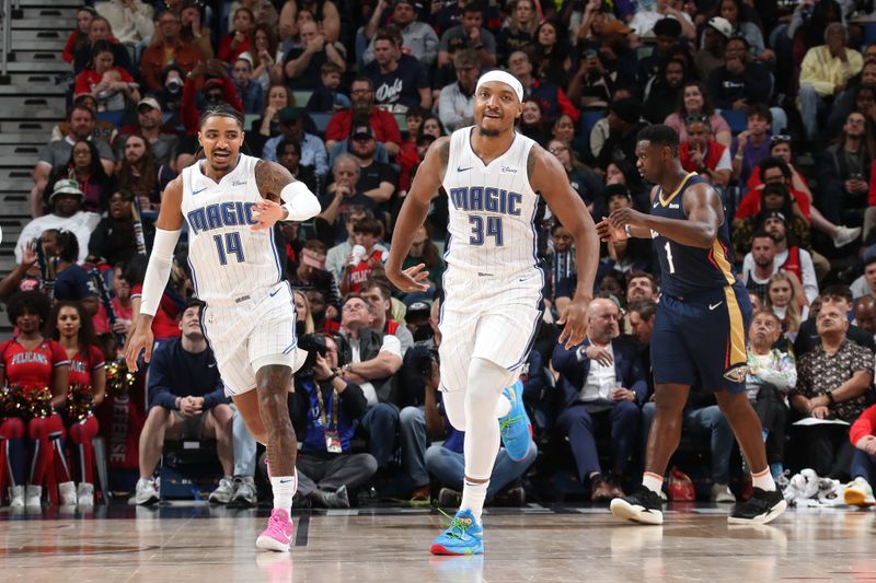 NEW ORLEANS, LA - APRIL 3:  Wendell Carter Jr. #34 of the Orlando Magic reacts during the game against the New Orleans Pelicans on April 3, 2024 at the Smoothie King Center in New Orleans, Louisiana. NOTE TO USER: User expressly acknowledges and agrees that, by downloading and or using this Photograph, user is consenting to the terms and conditions of the Getty Images License Agreement. Mandatory Copyright Notice: Copyright 2024 NBAE (Photo by Layne Murdoch Jr./NBAE via Getty Images)