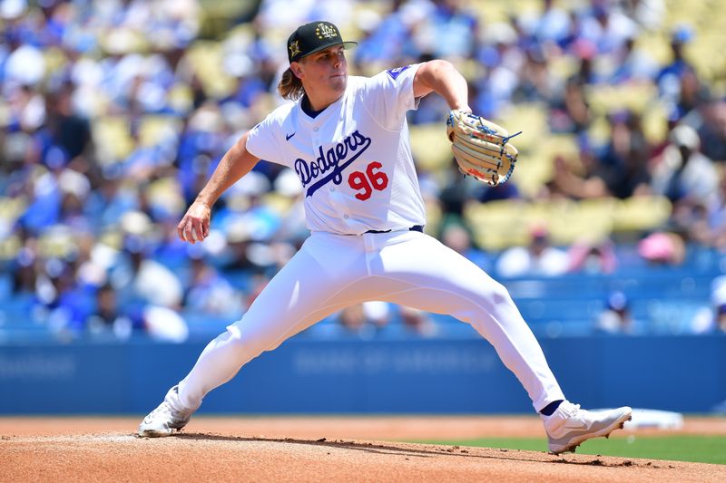 May 19, 2024; Los Angeles, California, USA; Los Angeles Dodgers pitcher Landon Knack (96) throws against the Cincinnati Reds during the first inning at Dodger Stadium. Mandatory Credit: Gary A. Vasquez-USA TODAY Sports