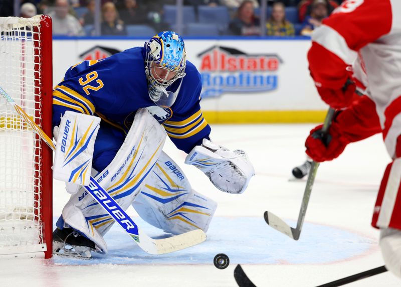 Oct 22, 2025; Buffalo, New York, USA;  Buffalo Sabres goaltender Colten Ellis (92) watches the puck during the third period against the Detroit Red Wings at KeyBank Center. Mandatory Credit: Timothy T. Ludwig-Imagn Images