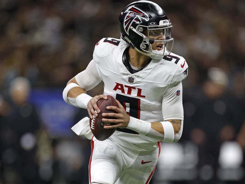 Atlanta Falcons quarterback Desmond Ridder (9) during an NFL football game against the New Orleans Saints, Sunday, Jan. 7, 2024, in New Orleans. (AP Photo/Tyler Kaufman)