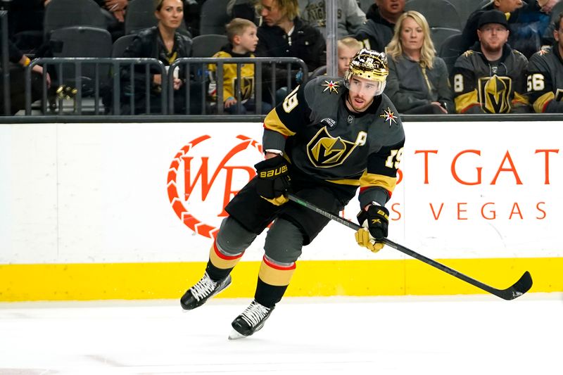 Mar 19, 2023; Las Vegas, Nevada, USA; Vegas Golden Knights right wing Reilly Smith (19) skates during the first period against the Columbus Blue Jackets at T-Mobile Arena. Mandatory Credit: Lucas Peltier-USA TODAY Sports