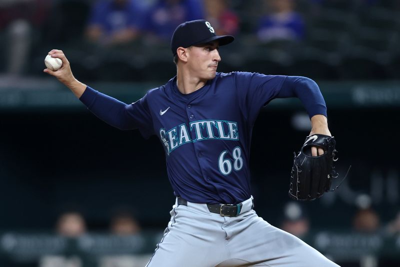 Sep 20, 2024; Arlington, Texas, USA; Seattle Mariners pitcher George Kirby (68) pitches against the Texas Rangers in the first inning at Globe Life Field. Mandatory Credit: Tim Heitman-Imagn Images