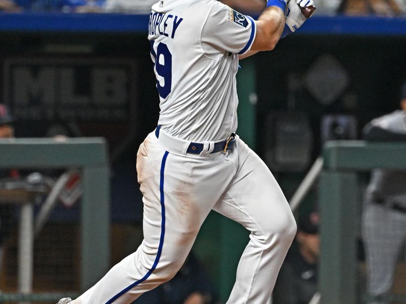 Sep 19, 2023; Kansas City, Missouri, USA; Kansas City Royals catcher Tyler Cropley (79) singles for his first Major League hit in the eighth inning against the Cleveland Guardians at Kauffman Stadium. Mandatory Credit: Peter Aiken-USA TODAY Sports